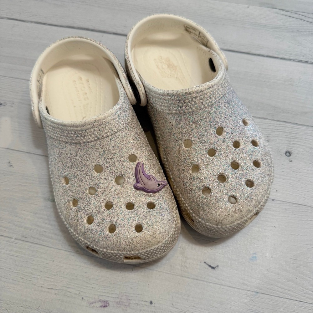 Crocs girls white glitter classic clogs slip on shoes child 13